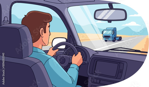 Man driving car on highway, approaching large truck