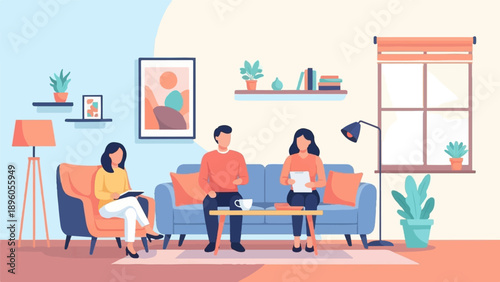 People conversing and working in a cozy living room