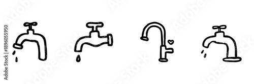 Water Faucet Line Icon Set In Doodle Style. Plumbing, Water Conservation, And Household Utility Outline Sketch Collection. Hand Drawn Isolated Vector Illustration