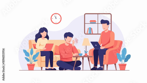 People in a living room using laptops and tablets