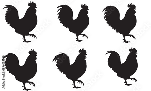 Six black silhouettes of roosters walking with heads held high.