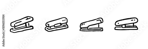 Stapler Line Icon Set In Doodle Style. Office Supplies And Stationery Tools Outline Sketch Collection. Hand Drawn Isolated Vector Illustration