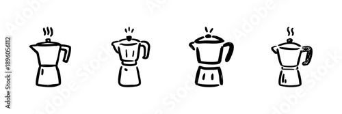 Moka Pot Coffee Maker Line Icon Set In Doodle Style. Traditional Espresso Brewing, Italian Coffee Preparation Outline Sketch Collection. Hand Drawn Isolated Vector Illustration