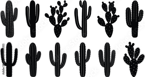 Cactus silhouette collection, black desert plant shapes, botanical vector design, nature illustration set, spiny flora graphic elements