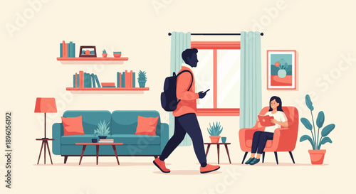 People in a living room with books, plants, and furniture