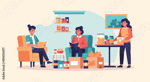 People organizing food donations in a room with shelves and furniture