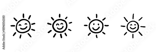 Smiling Sun Faces Line Icon Set In Doodle Style. Cheerful Weather, Happiness, And Positivity Symbols Outline Sketch Collection. Hand Drawn Isolated Vector Illustration