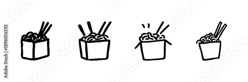 Takeout Noodles With Chopsticks Line Icon Set In Doodle Style. Asian Cuisine, Fast Food, And Culinary Experience Outline Sketch Collection. Hand Drawn Isolated Vector Illustration