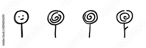 Lollipop And Spiral Line Icon Set In Doodle Style. Sweet Treats, Candy Design, And Confectionery Art Outline Sketch Collection. Hand Drawn Isolated Vector Illustration