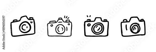 Camera Line Icon Set In Doodle Style. Photography Equipment And Digital Imaging Outline Sketch Collection. Hand Drawn Isolated Vector Illustration