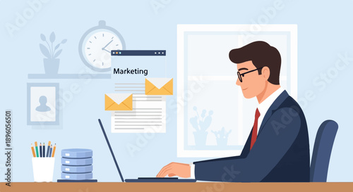 Man in suit works on laptop at desk with marketing documents