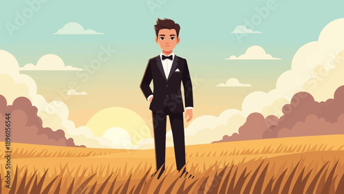 Man in tuxedo standing in a field at sunset