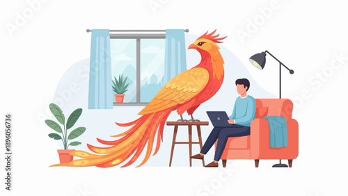 Man on couch with laptop, mythical bird perched on stool