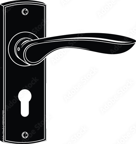 Door handle silhouette illustration, modern interior hardware design, black white lever lock, home security concept, vector icon, isolatedDoor handle silhouette illustration, modern interior hardware 