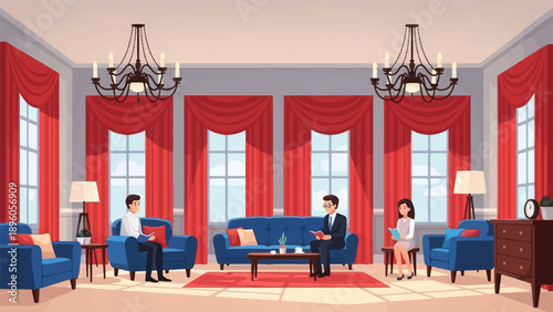 People in a sophisticated room with ornate chandeliers and red drapes