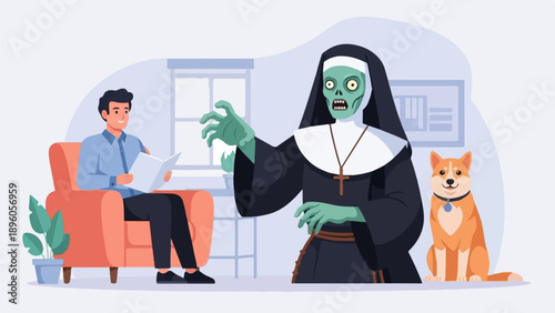 Man reading in armchair beside zombie nun and a dog