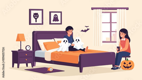 People enjoy Halloween by dressing up as ghosts in a cozy bedroom