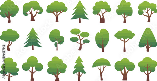 Stylized flat green tree collection with diverse canopy shapes, modern vector forest elements, minimal nature illustration isolated white background