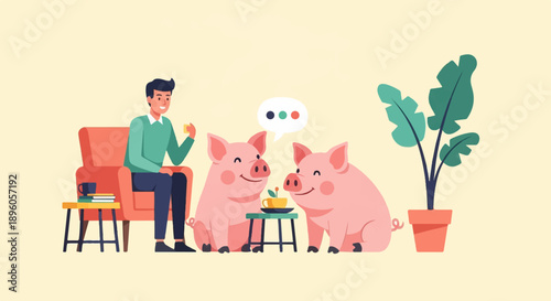 Man sits in armchair, two pigs converse near potted plant