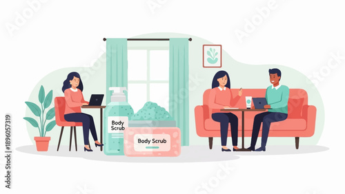 People relax at home, one on a laptop, others chatting with drinks