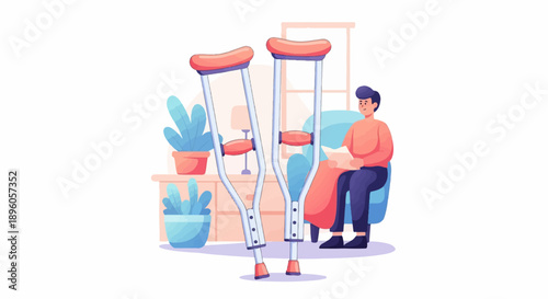 Man with crutches recovering in a cozy living room with plants