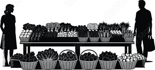 Farmers market silhouette scene, fresh vegetables fruit display, local grocery shopping concept, organic food stall illustration, vector designFarmers market silhouette scene, fresh vegetables fruit d