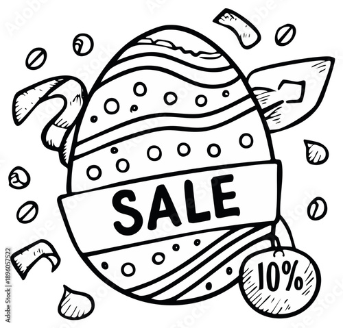 Monochrome Easter egg with banner Sale and sign 10 percent discount in outline style