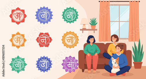 People relax at home with chakra symbols on wall