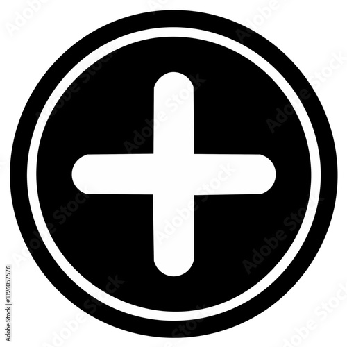 Black and white circular icon with a white plus sign inside