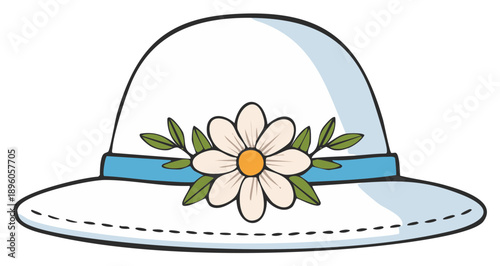 Cartoon Illustration of a Woman's Summer Sun Hat with a Daisy Flower