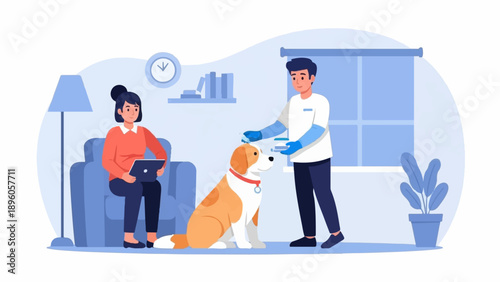 Man with gloves gently pets dog as woman sits on couch with tablet