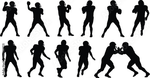 Football player silhouettes, black vector poses, quarterback and runner actions, sports movement design, athletic graphic elements, game illustration