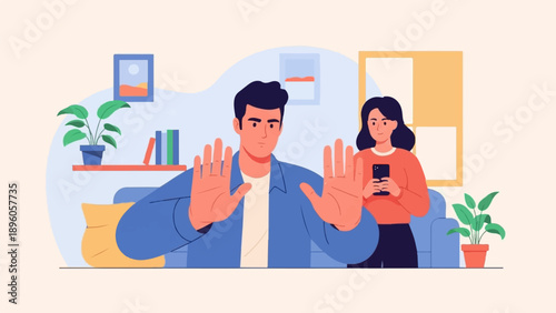 Man with hands up stops woman holding smartphone in modern living room