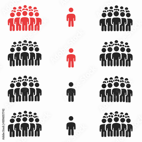 Groups of people represented by stylized human figures in varying sizes