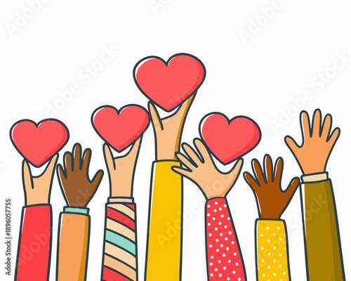 Diverse hands reaching up holding red hearts in a show of unity
