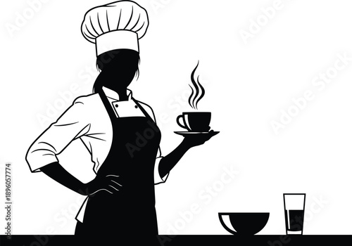 Female chef silhouette holding hot coffee cup, professional kitchen worker illustration, barista cooking concept vector isolatedFemale chef silhouette holding hot coffee cup, professional kitchen work