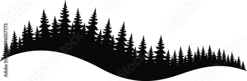 Forest silhouette, pine tree landscape, black nature art, conifer hill, woodland scene, vector trees, outdoor design, peaceful wilderness, evergreen forest, natural background, scenic illustration
