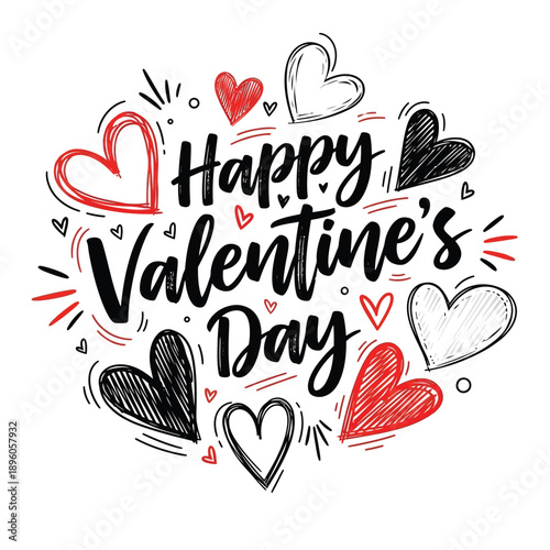 Charming hand-drawn greeting with elegant script lettering surrounded by a collection of whimsical hearts, perfect for sharing warm sentiments and celebrating love