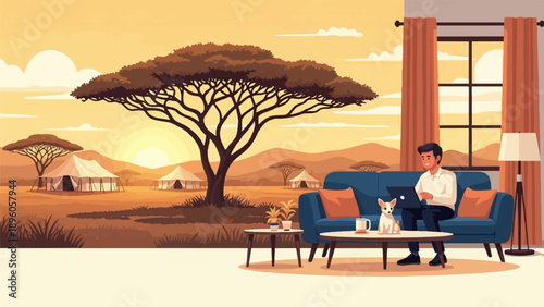 Man working remotely on laptop with dog in cozy home overlooking savanna