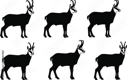 Goat silhouette collection, black horned animal poses, nature vector design, livestock illustration set, farm creature graphic elements
