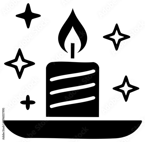 A simple black glyph icon of a burning striped candle with magical stars and sparkles for celebration