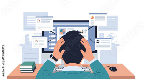 Man sitting at desk with hands on head, surrounded by multiple computer screens displaying various documents and charts from a rear viewpoint