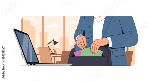 A professional person storing documents in a briefcase beside a laptop in an office environment from a frontal viewpoint