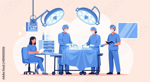Medical team performing surgery under bright lights in a sterile operating room