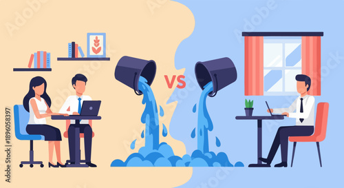 Men and women working, buckets pouring water, concept of comparison