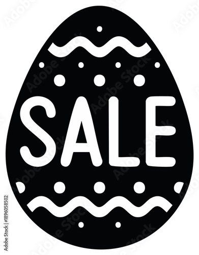 Decorative black and white Easter egg with large sale text icon for promotions