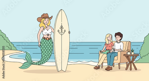 Mermaid with surfboard and couple relaxing by the sea