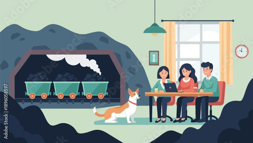 Miners and colleagues in a collaborative workspace with a mine in the background