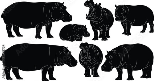 Hippopotamus silhouette collection, black wildlife poses, open mouth and resting hippos, nature vector design, animal illustration set