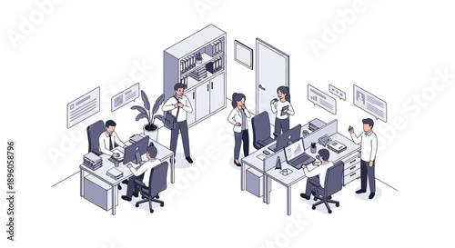 Professionals collaborating in a modern office environment from an isometric viewpoint